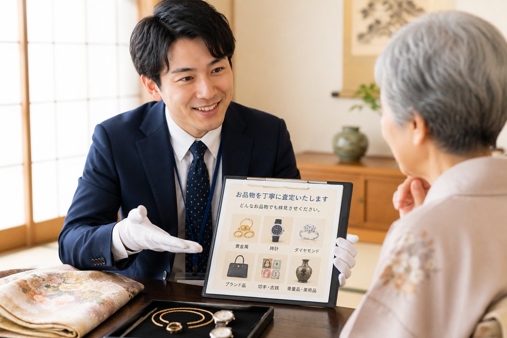 品目一覧のボードを見せて説明する査定士とお客様